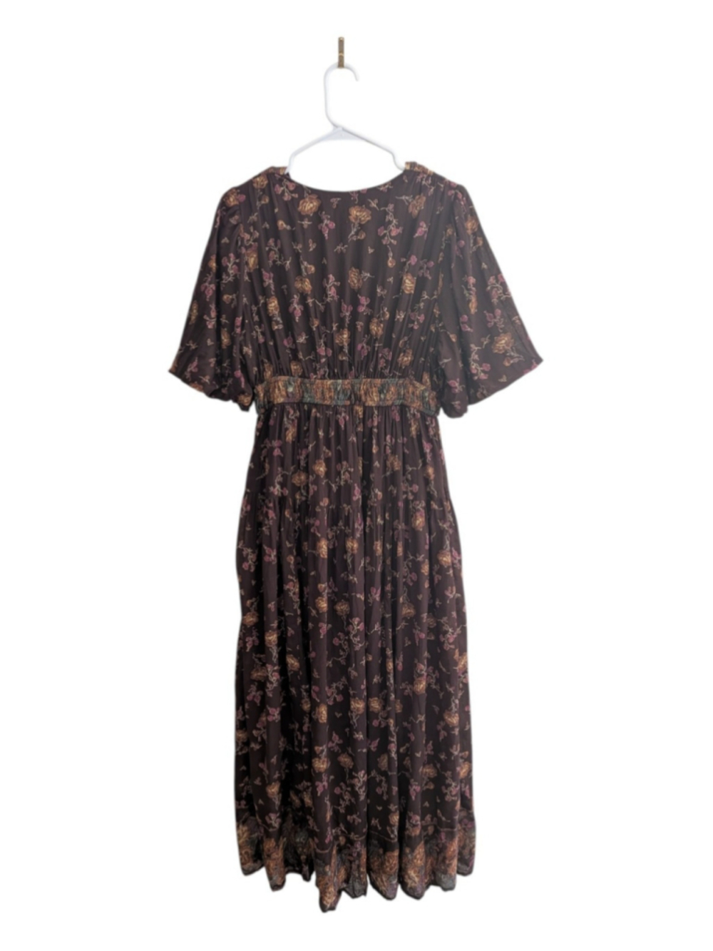 Free People S/P Floral Boho Maxi Dress Deep V Smocked Waist Brown - Picture 4 of 10